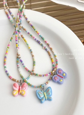 甜美饰品彩色串珠蝴蝶吊坠项链女设计感甜酷ins锁骨链bm辣妹颈链