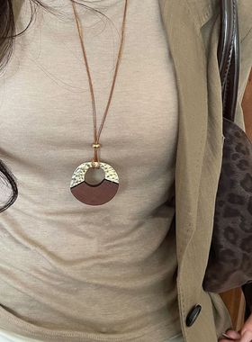 复古拼接木质圆环吊坠项链