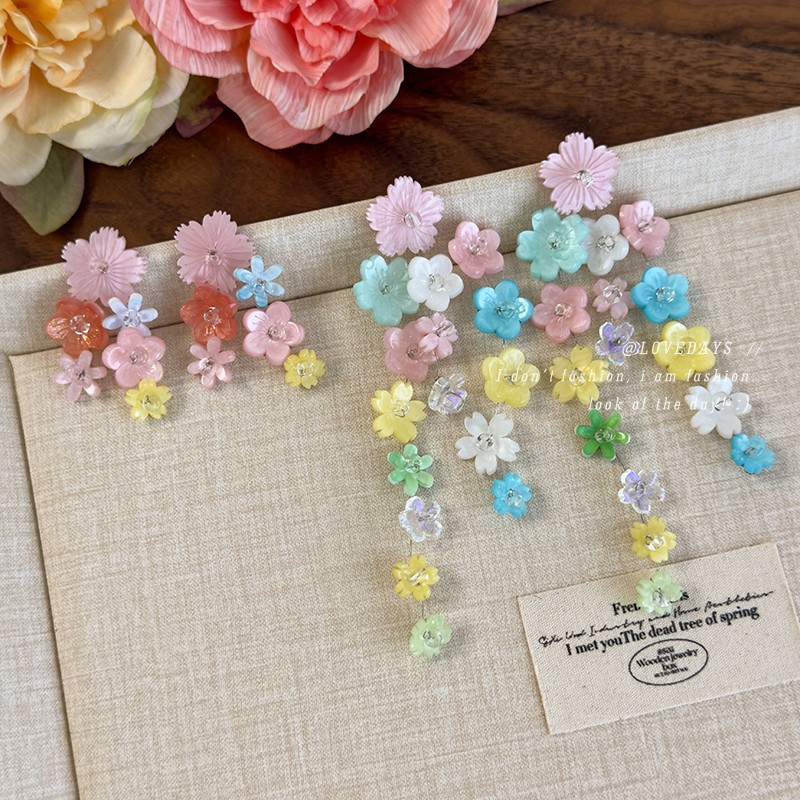 甜美风彩色花朵串珠流苏耳环