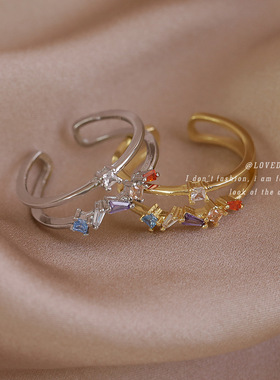 日系透明感彩色方形锆石双层戒指