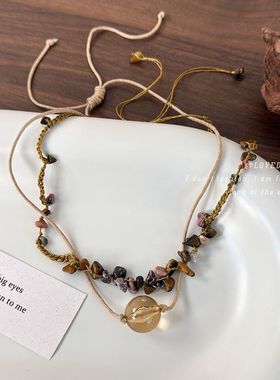 波西米亚民族风美拉德编织咖色碎石玻璃珠项链可调节麻绳双层项链
