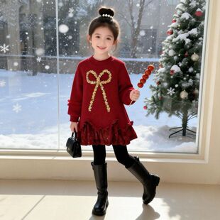 女童连衣裙冬季2025新款儿童洋气新年卫衣裙冬装女孩红色公主裙子