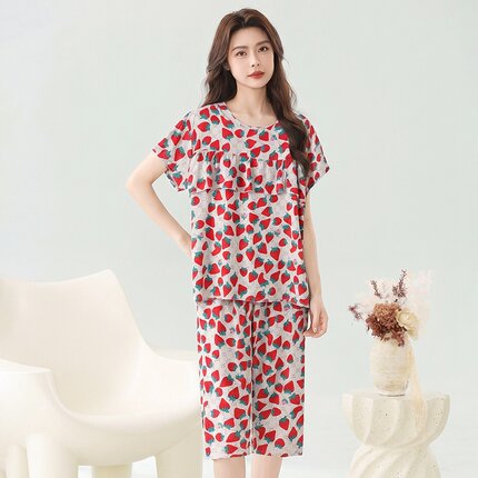 棉绸睡衣女夏季短袖套装绵绸中老年妈妈大码人造棉家居服女可外穿