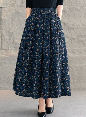 碎花棉麻半身裙女夏季时尚百搭显瘦气质长裙高腰松紧a字大摆裙子