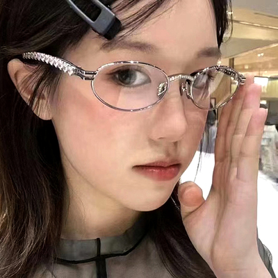 纯欲眼镜框镶钻复古金属女椭圆形
