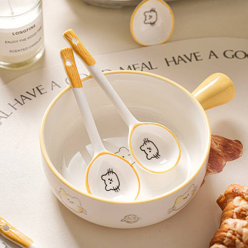 勺子家用陶瓷儿童勺釉下彩可爱高级感汤匙甜品勺饭勺长柄调羹汤勺