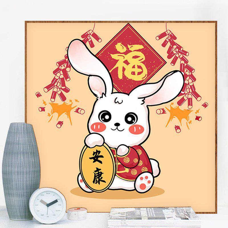 可爱萌兔抱福过新春diy数字油画好寓言新年礼物简易手绘填色画