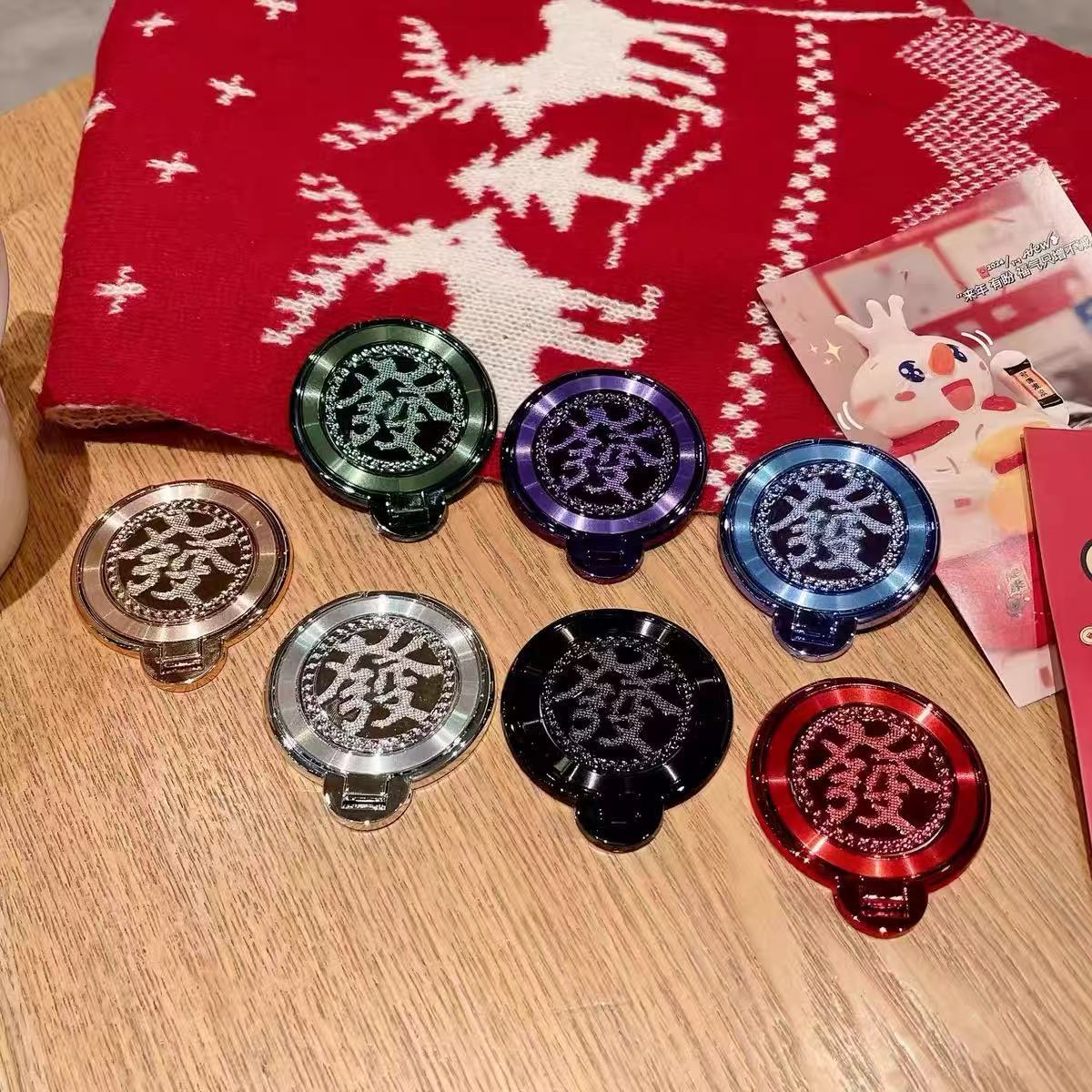 发财转盘陀螺旋转手机支架发字粘贴式横竖解压创意指环多功能通用