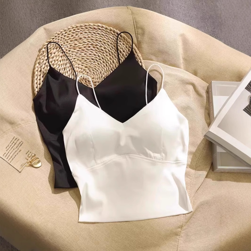 新款美背褶皱吊带背心女夏带胸垫