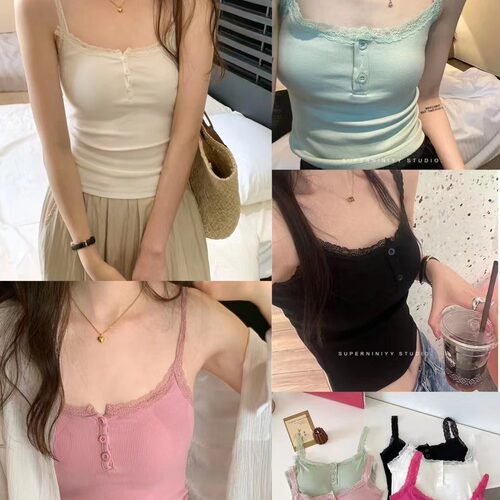 夏季新款纯棉刺绣蕾丝吊带背心女