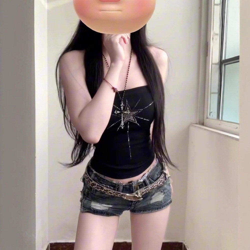 纯欲辣妹烫钻黑色抹胸带胸垫无袖吊带背心女夏季修身显瘦裹胸上衣