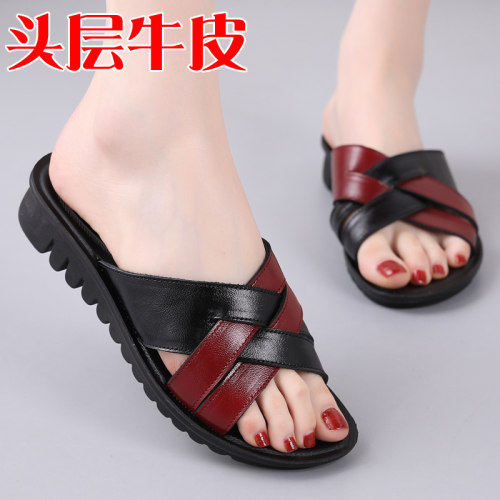 真皮妈妈凉拖鞋女夏季皮鞋拼色