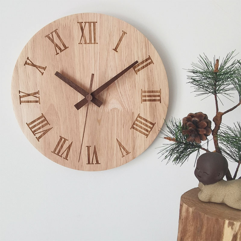 实木罗马简约创意圆形欧式客厅卧室餐厅静音挂钟走时精准墙表装饰