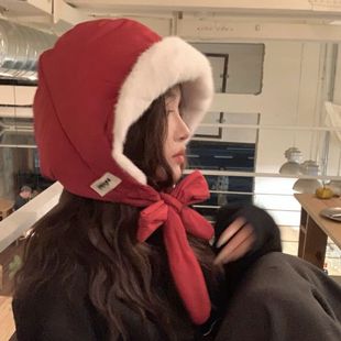 圣诞小红帽可爱秋冬羽绒帽子包包两用新年红护耳毛绒雷锋帽保暖潮