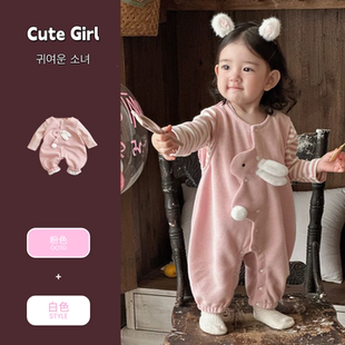 条纹T恤两件套1岁女宝宝洋气套装 小兔背带裤 新款 婴幼儿衣服25秋季