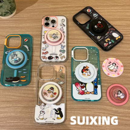 Suixing 泡泡骚pingu幸运鹅高品质磁吸pop手机壳企鹅家族16promax透明15pro轻薄14/13硅胶气囊支架可爱保护套