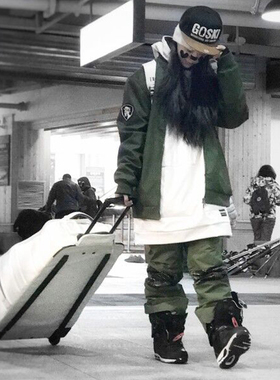 DOOREK潮牌军绿色滑雪服单双板宽松夹棉加厚防水滑雪衣