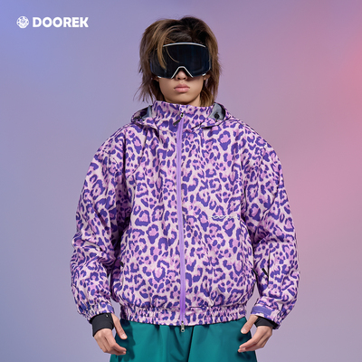 DOOREK新款紫豹纹滑雪服男单板双板连帽防风防水加棉滑雪上衣女