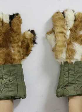 五指长腰真皮手套绿色冬天保暖加厚棉布手套兔毛男手套