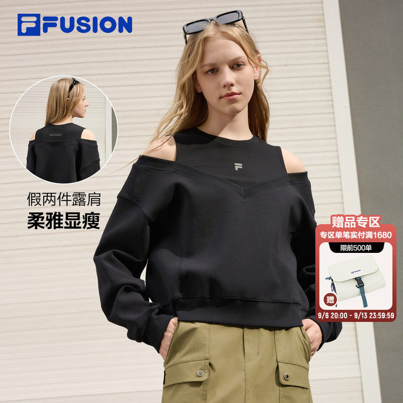 FILAFUSION斐乐潮牌套头卫衣女2026秋季新款运动宽松露肩长袖上衣