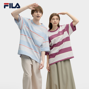 斐乐官方情侣款 衫 FILA 针织短袖 休闲宽松条纹纯棉T恤 2025夏季 新款