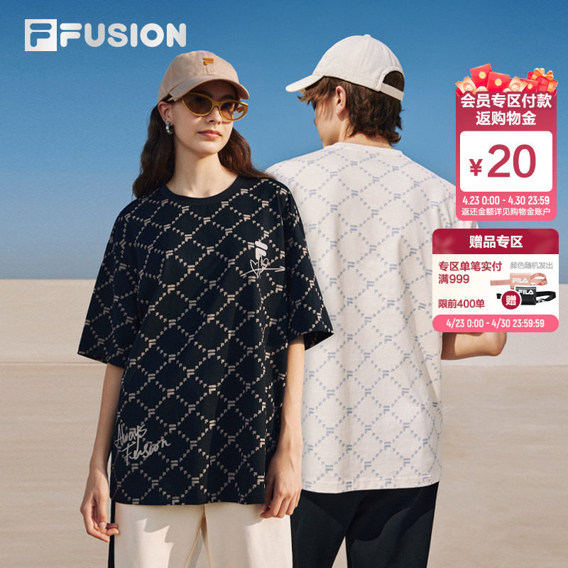 FILA FUSION斐乐潮牌情侣短袖T恤春夏季男女休闲老花宽松内搭上衣