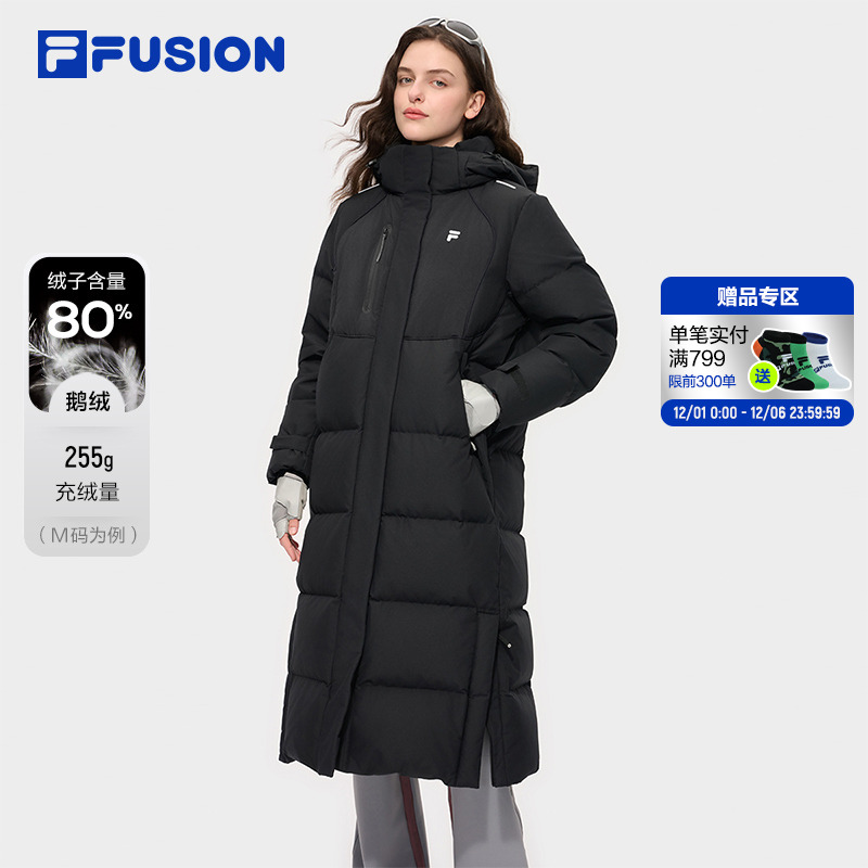 鹅绒FILA FUSION斐乐潮牌女子长款羽绒服2025冬季款保暖连帽外套 - 封面