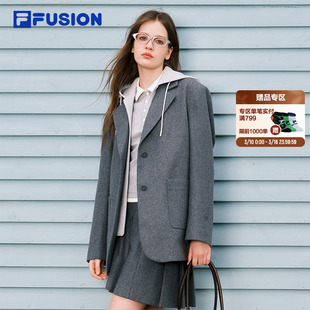 FILA FUSION斐乐女装呢子外套2026春新款休闲假两件连帽西装上衣