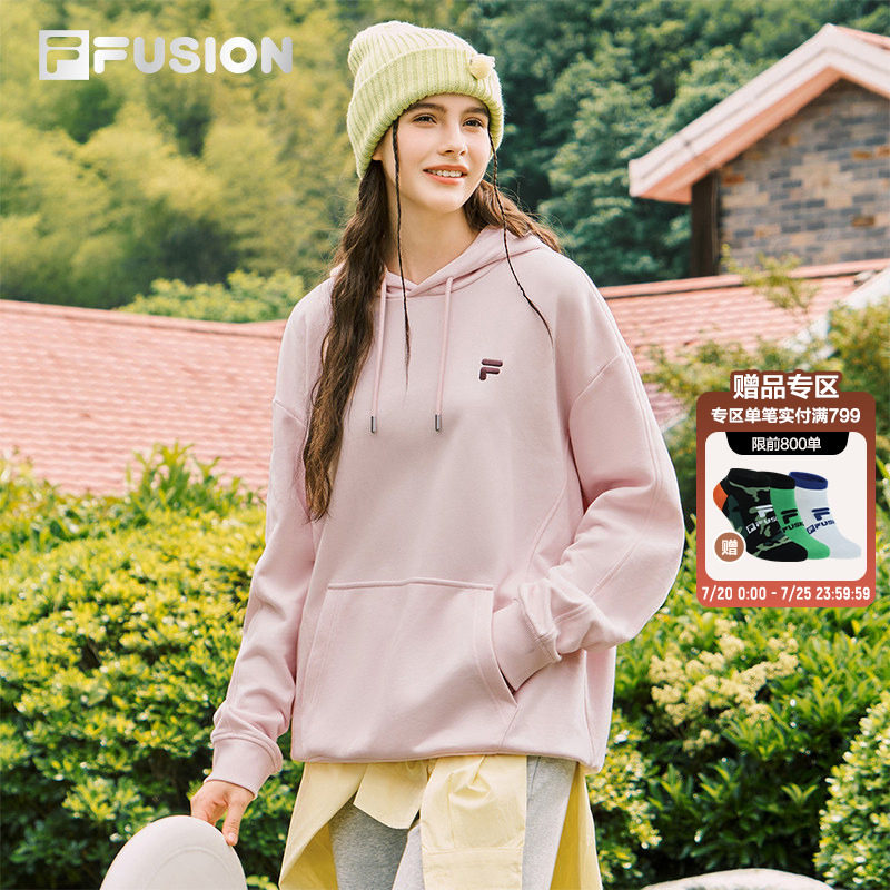 FILAFUSION斐乐潮牌情侣连帽卫衣女春秋季纯色休闲宽松运动上衣男