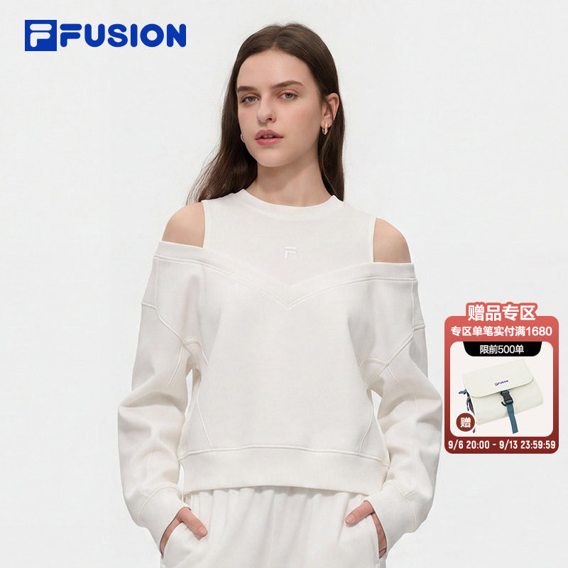 FILA FUSION斐乐卫衣女2026秋季新款宽松露肩假两件一字肩上衣女
