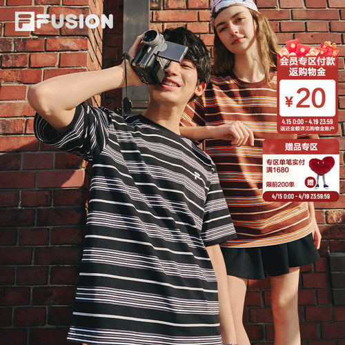 FILAFUSION斐乐情侣短袖条纹t恤