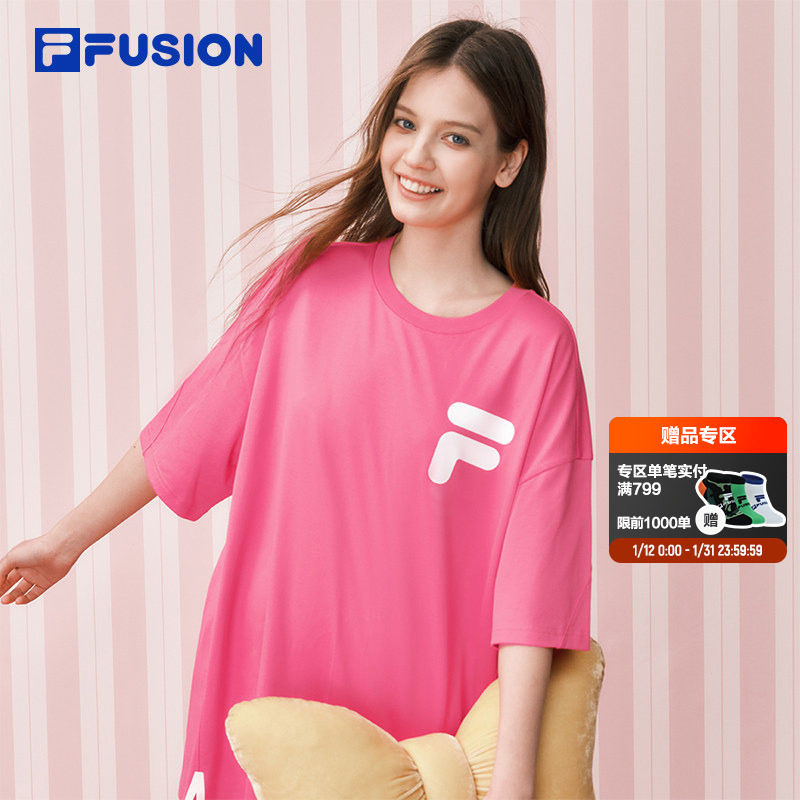 FILA FUSION斐乐潮牌情侣短袖女2026春季新款休闲百搭纯棉粉色T恤