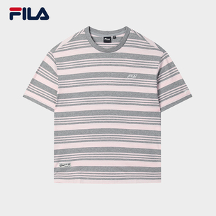 斐乐官方情侣款 衫 FILA 针织短袖 休闲纯棉宽松条纹T恤 2025秋季 新款