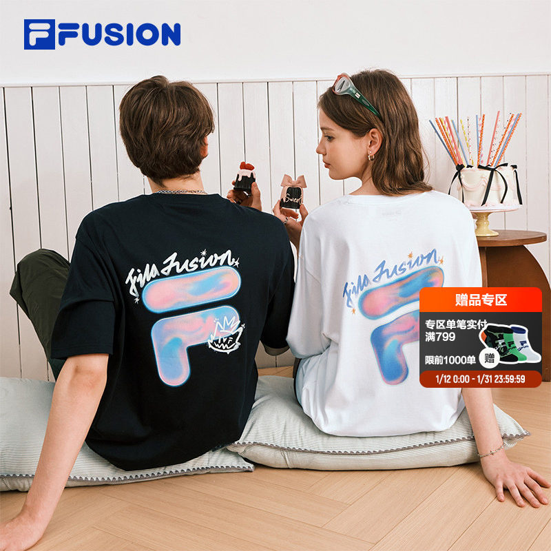 FILA FUSION斐乐潮牌情侣短袖女2026春季新款休闲百搭纯棉涂鸦T恤