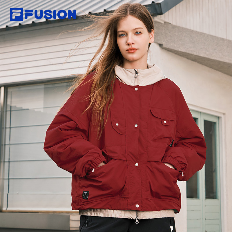 FILA FUSION斐乐潮牌棉服女2026春新款休闲宽松红色外套连帽夹克