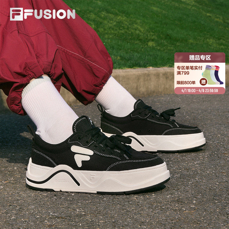 FILA FUSION斐乐女鞋帆布鞋板鞋百搭厚底运动鞋休闲鞋黑色鞋子男