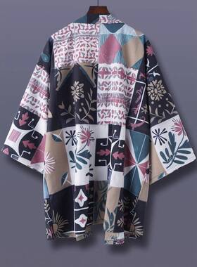 薄风羽织七分袖和服格子印花外套