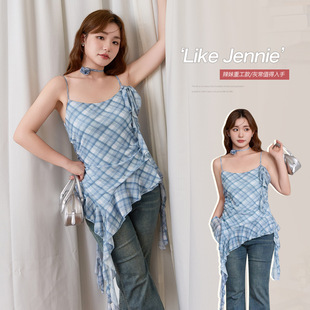 修身 显瘦上衣 胖mm大码 辣妹飘带碎褶收腰格纹小吊带夏季