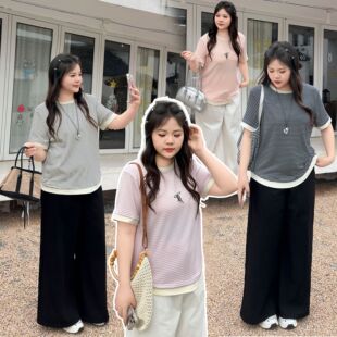 胖妹妹夏季 简约冰感条纹圆领短袖 大码 休闲T恤 新款