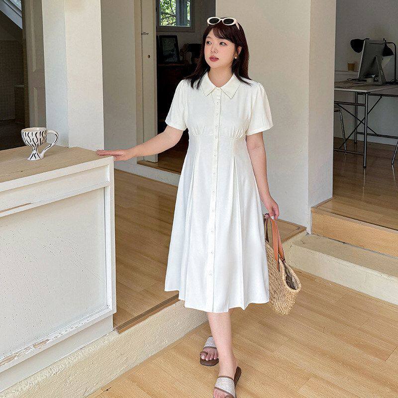 大码女装复古简约高智通勤气质收腰显瘦闺蜜长短款连衣裙