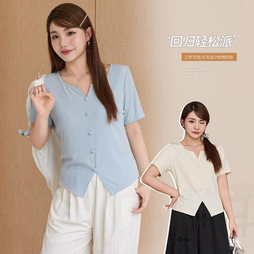 简约V领正肩显瘦纯色短袖小衫女
