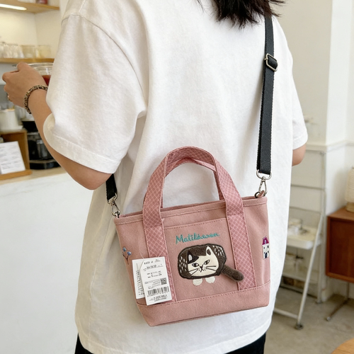 日本Kusuguru正品刺绣爬猫斜挎内包单肩包手提包手拎通勤布艺501