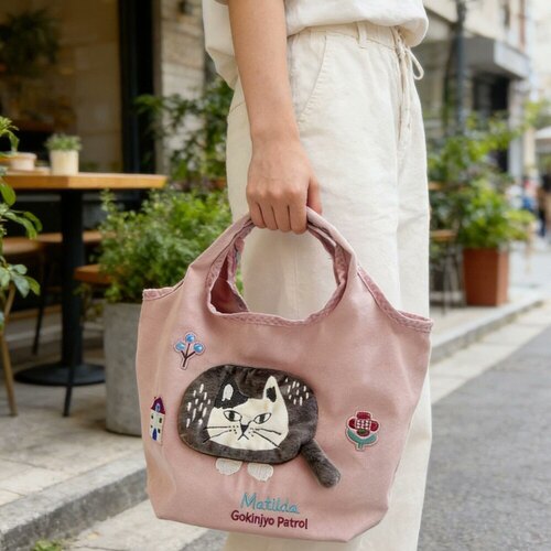 日本Kusuguru正品刺绣爬猫手提袋手拎包帆布购物逛街购物通勤501