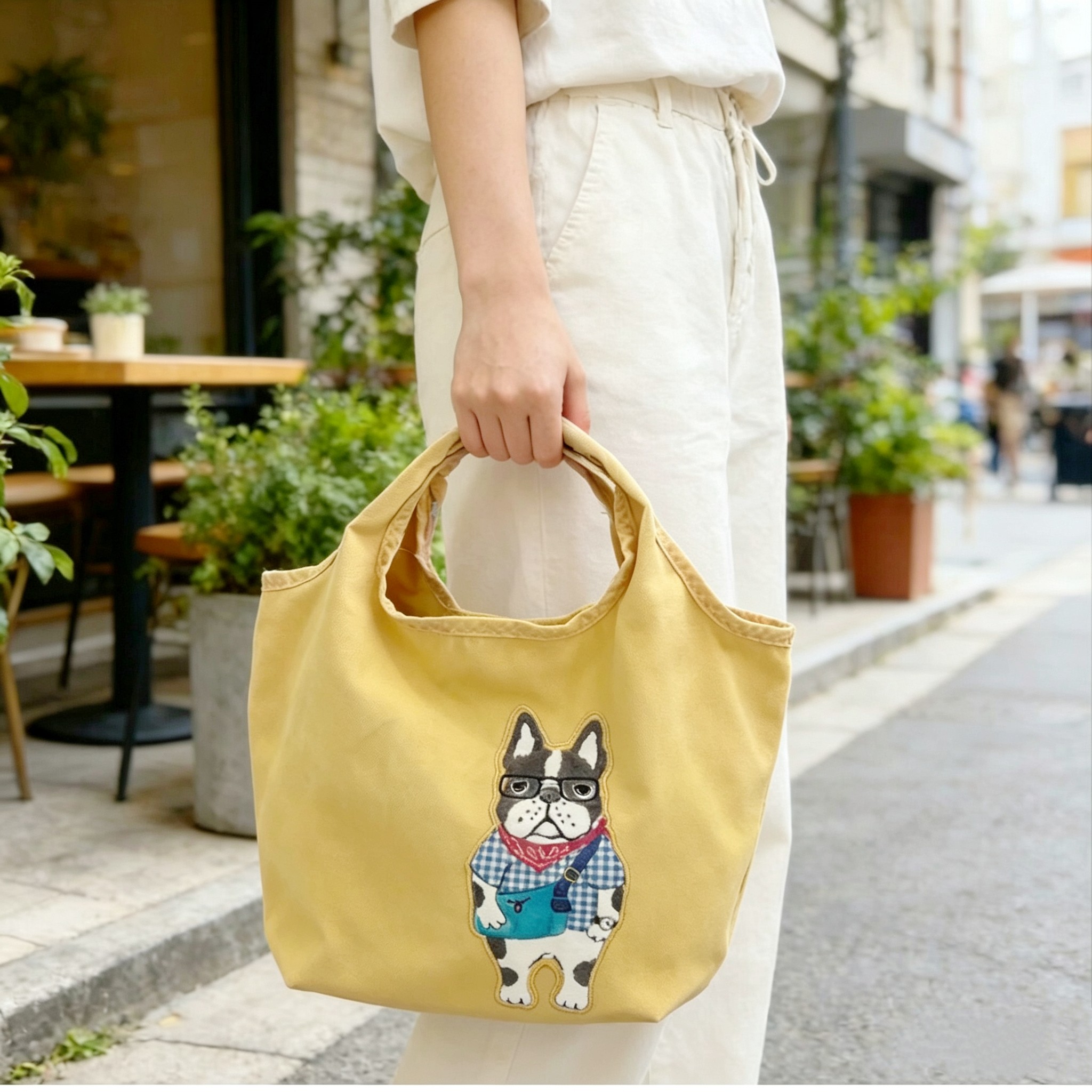 日本Kusuguru正品刺绣猫咪法斗犬手提包购物包手拎包帆布袋子502