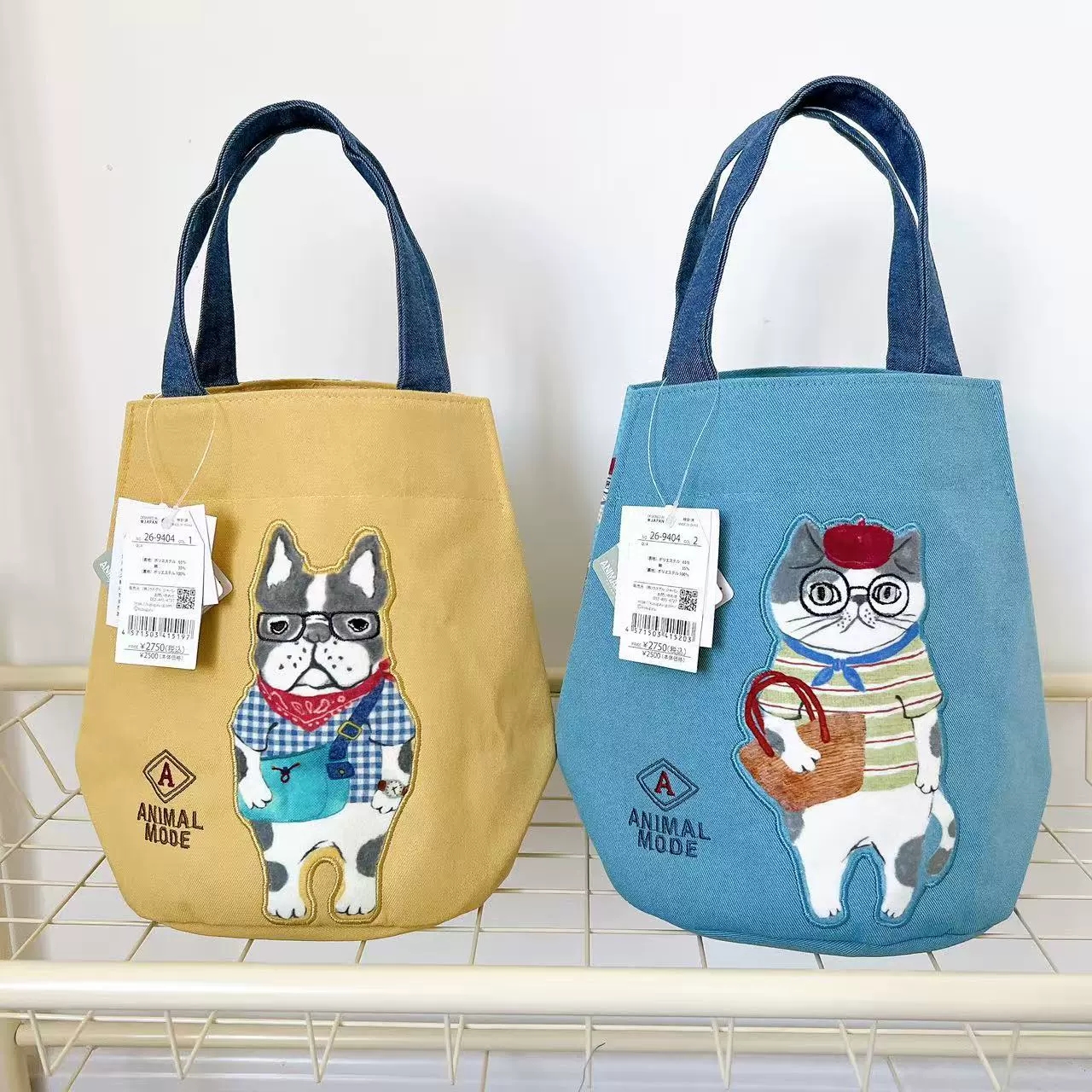 日本Kusuguru正品刺绣猫咪法斗手提包手拎包水桶包通勤布艺包502