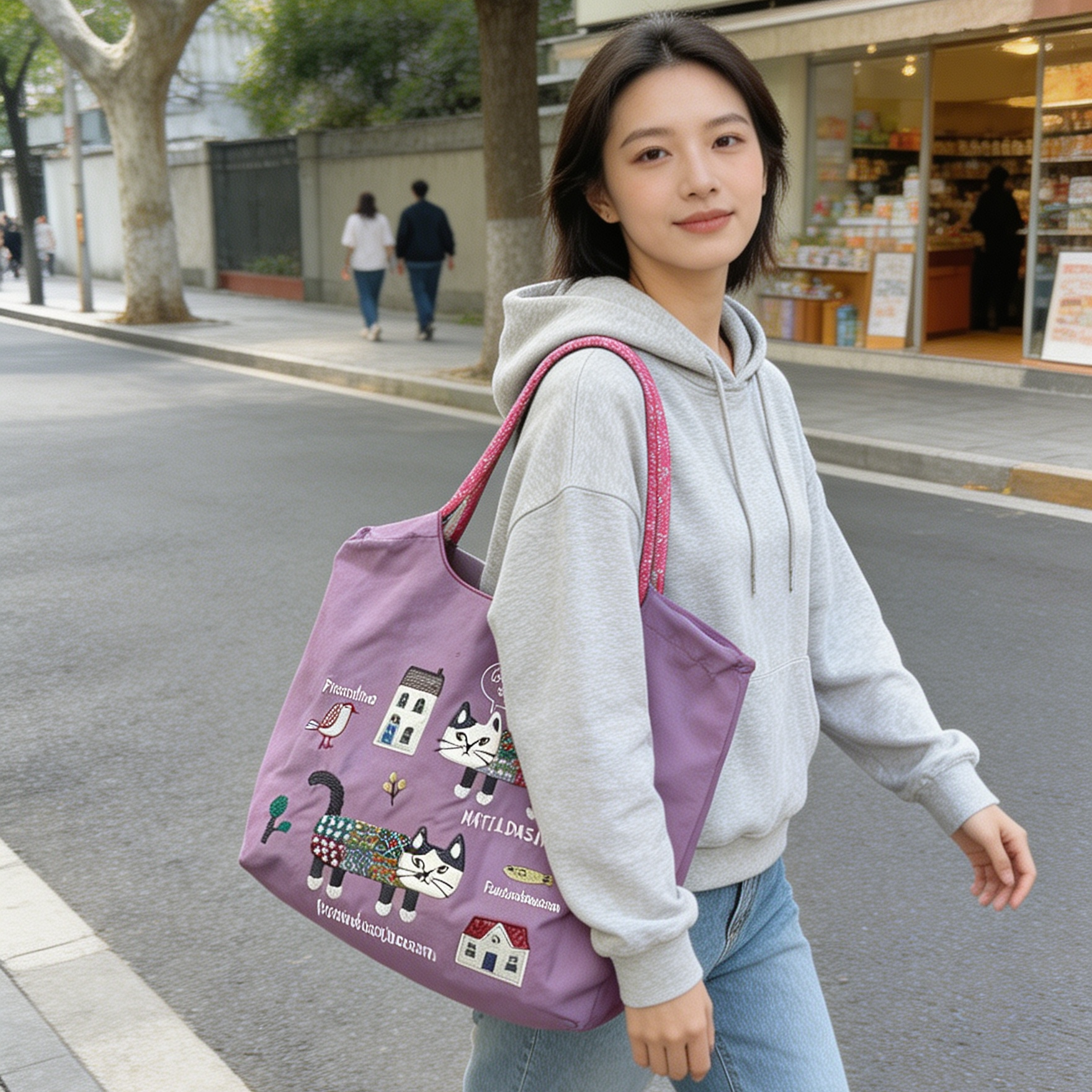 日本Kusuguru正品重工刺绣猫单肩包手提包手拎包防尘防泼水包包