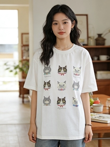 日本Kusuguru正品刺绣猫咪短袖圆领女士棉T冷感纯棉清爽速干52426