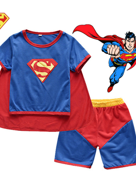 夏新款男童超人扮演服万圣节Superman cosplay短袖英雄联盟表演服