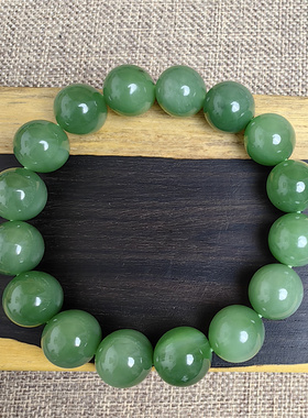 昱音真选~和田玉碧玉手链12mm手串单圈微猫素圈 有证送礼盒少黑点