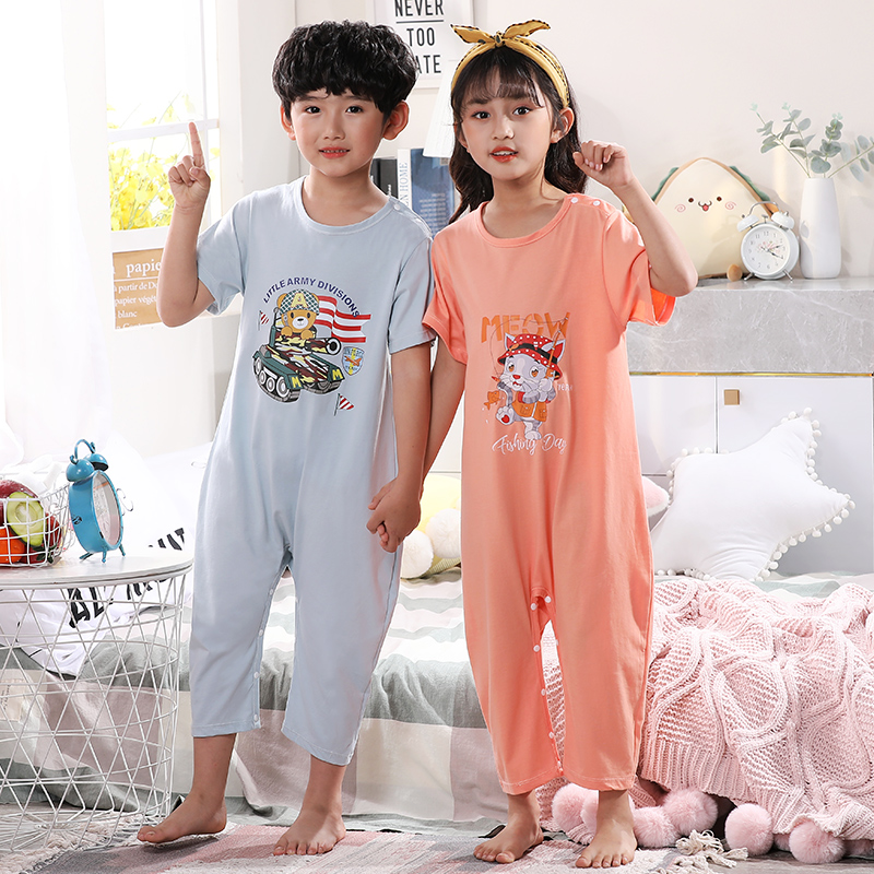 夏天大童男孩防踢短袖連體衣護肚